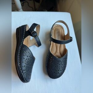 Women’s Black Perforated Mary Jane Flats with Ankle Strap